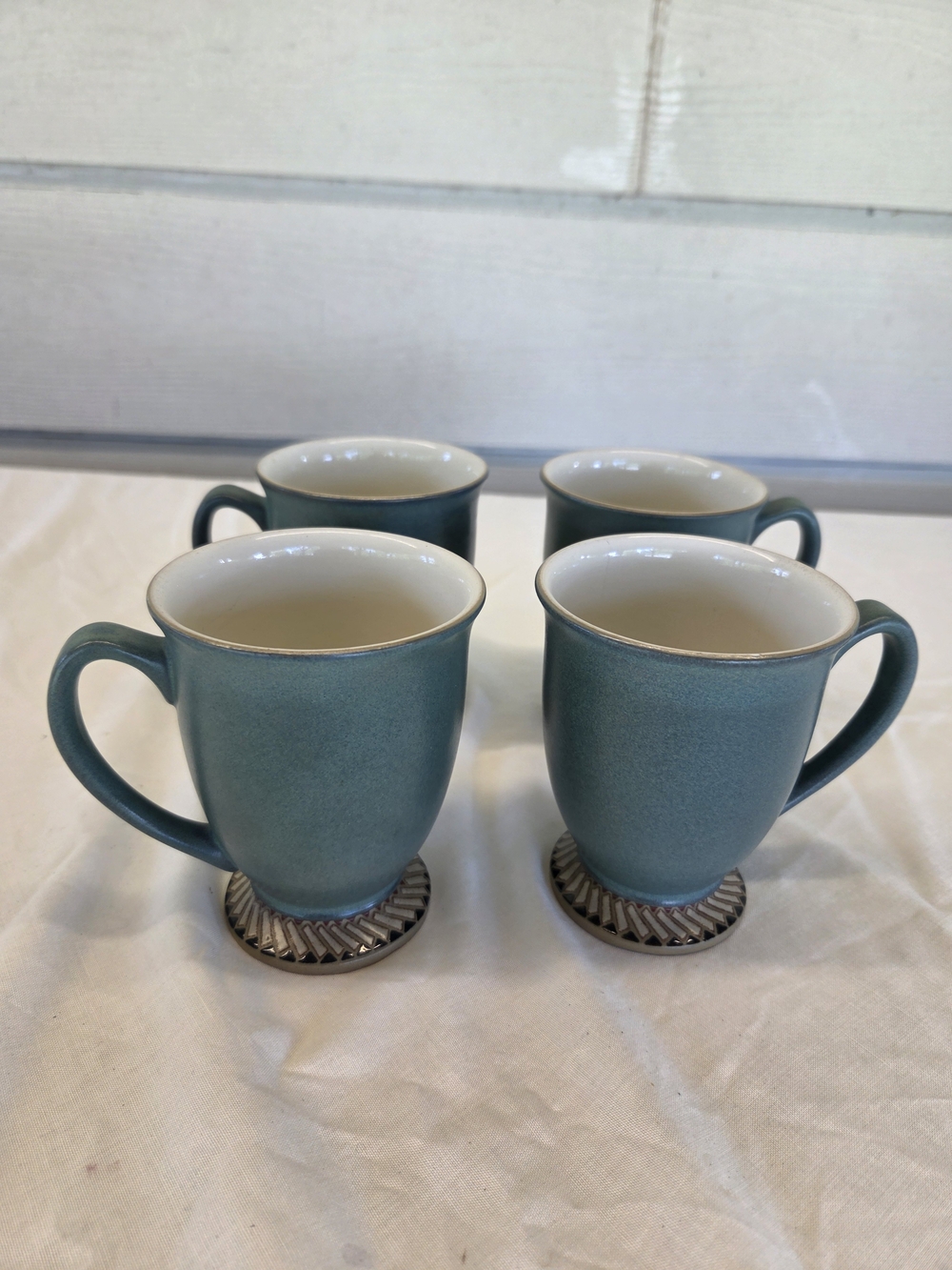 Set of 4 Denby Langley Footed Cup/Mugs Stonewear Teal